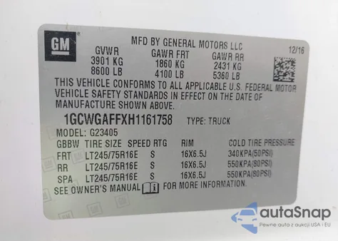 2017 Chevrolet Express G2500 z USA, uszkodzony, nr VIN 1GCWGAFFXH1161758